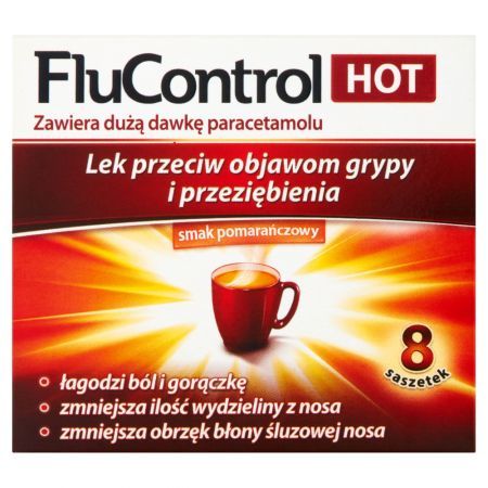 FluControl Hot Lek przeciw objawom grypy i przeziębienia smak pomarańczowy 8 sztuk