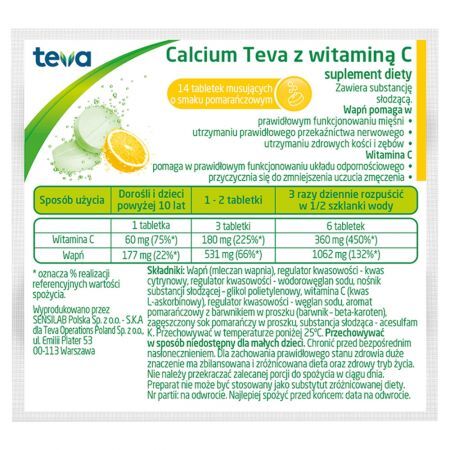 Suplement diety Calcium z witaminą C o smaku pomarańczowym 14 sztuk